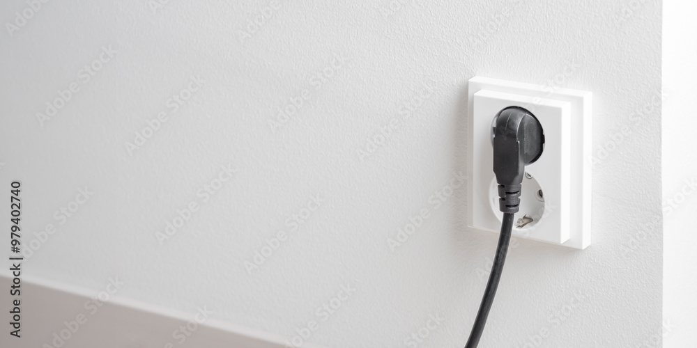 A close-up of a double electrical outlet mounted on a white wall, with a power cord plugged into one of the sockets, banner A close-up of a double electrical outlet mounted on a white wall, with a power cord plugged into one of the sockets, banner