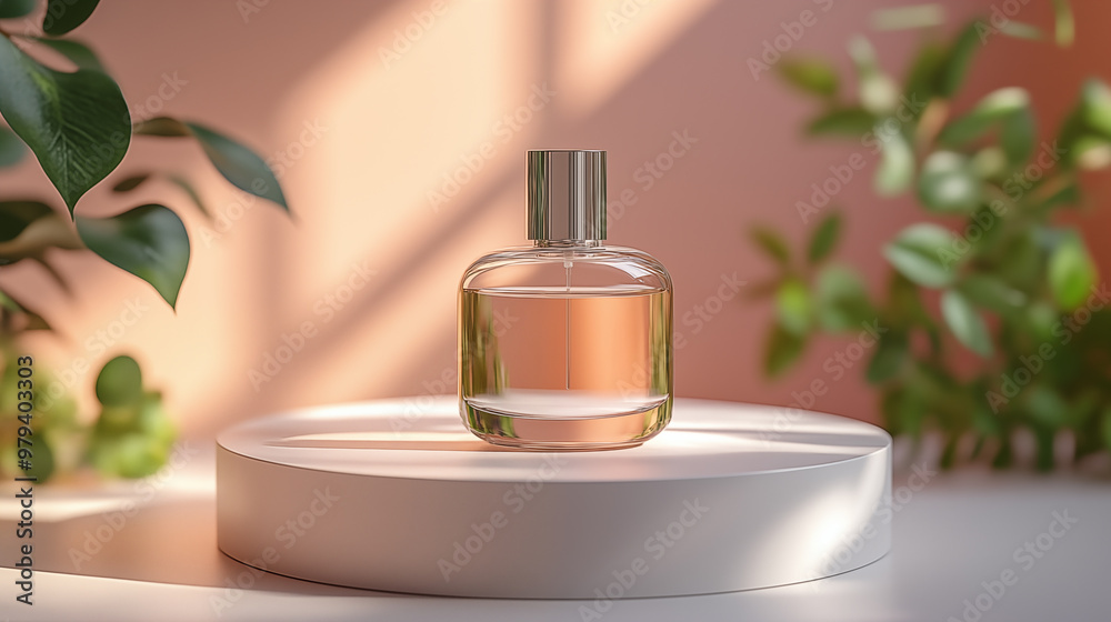 Perfume bottle on white podium with green plant in background. 3D rendering Perfume bottle on white podium with green plant in background. 3D rendering
