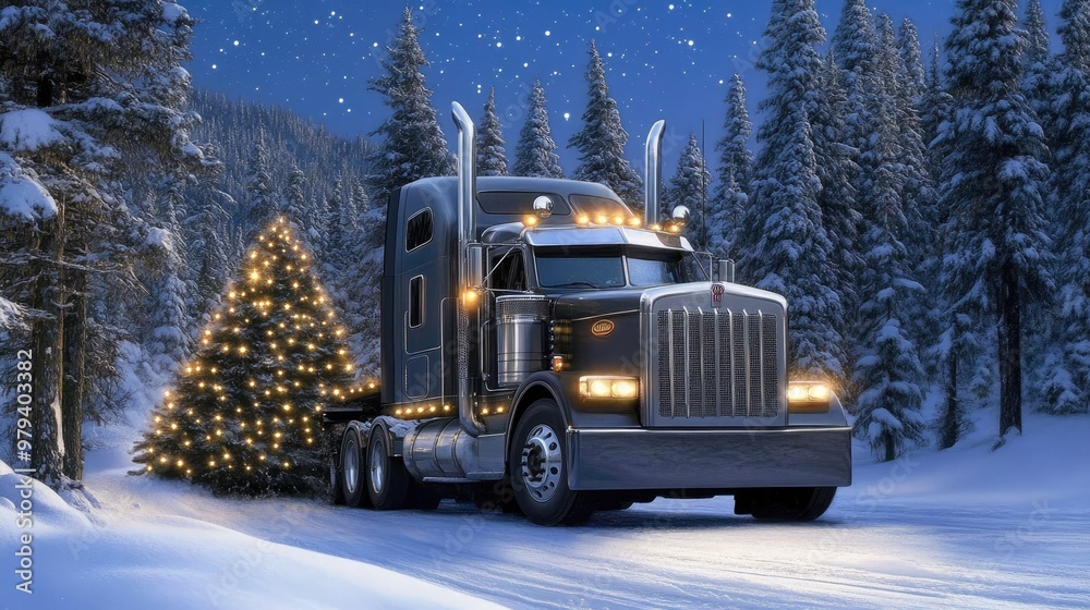 The large semi-truck navigates a snow-covered road in the forest, its lights illuminating the wintry surroundings and casting shadows on the trees The large semi-truck navigates a snow-covered road in the forest, its lights illuminating the wintry surroundings and casting shadows on the trees