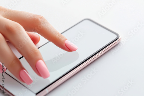 Close-up of a hand with pink nails touching a smartphone screen, showcasing modern technology and beauty.