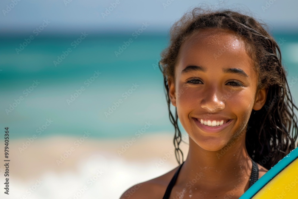 Portrait of a young African American female surfer on beach