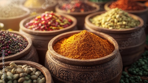 Vibrant Spices in Wooden Bowls