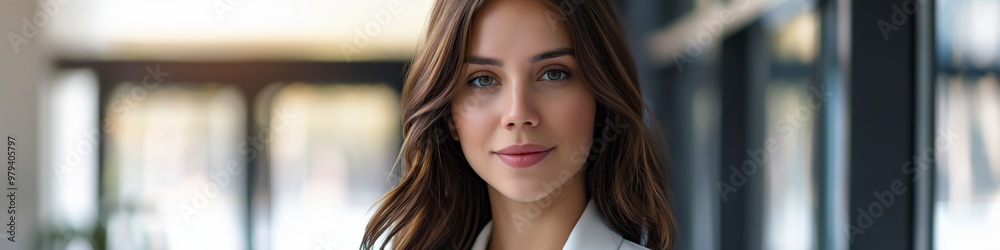 Confident young businesswoman with a cheerful smile, posing in a modern studio, closeup portrait. Confident young businesswoman with a cheerful smile, posing in a modern studio, closeup portrait.
