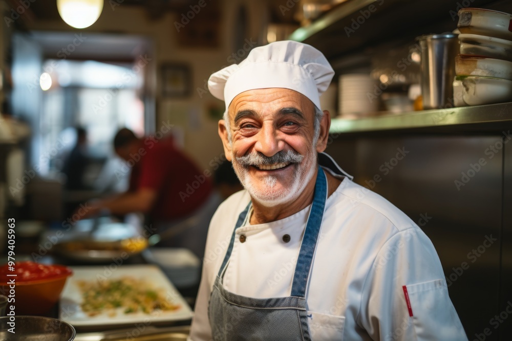 Smiling portrait of a senior male chef in professional kitchen Smiling portrait of a senior male chef in professional kitchen