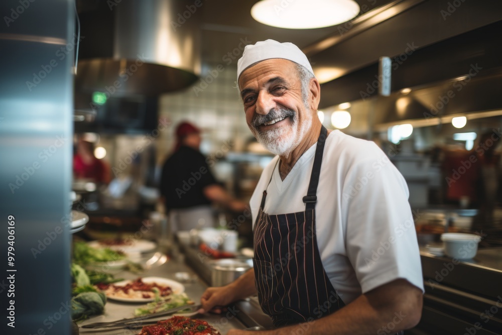 Smiling portrait of a senior male chef in professional kitchen Smiling portrait of a senior male chef in professional kitchen