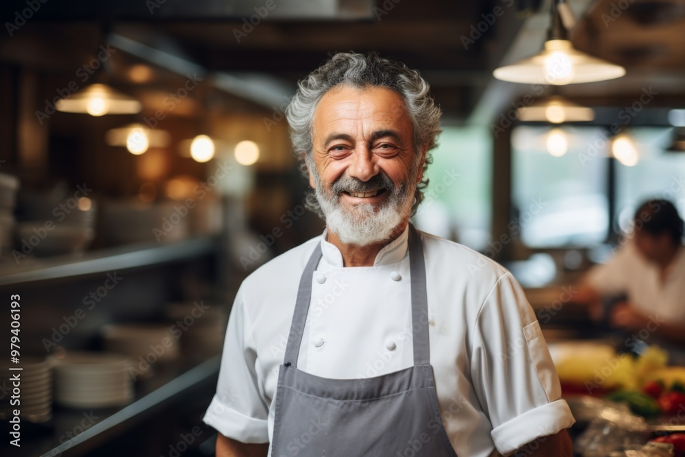 Smiling portrait of a senior male chef in professional kitchen Smiling portrait of a senior male chef in professional kitchen