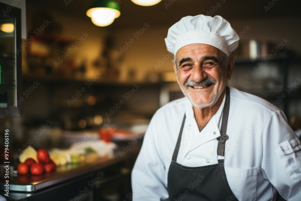 Smiling portrait of a senior male chef in professional kitchen Smiling portrait of a senior male chef in professional kitchen