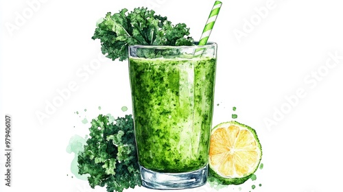 Kale Juice smoothie on white background,Green smoothie vector illustration with lettering,Healthy food and drink,Design element for your project, cocktail,menu, parties,hand drawn illustration.