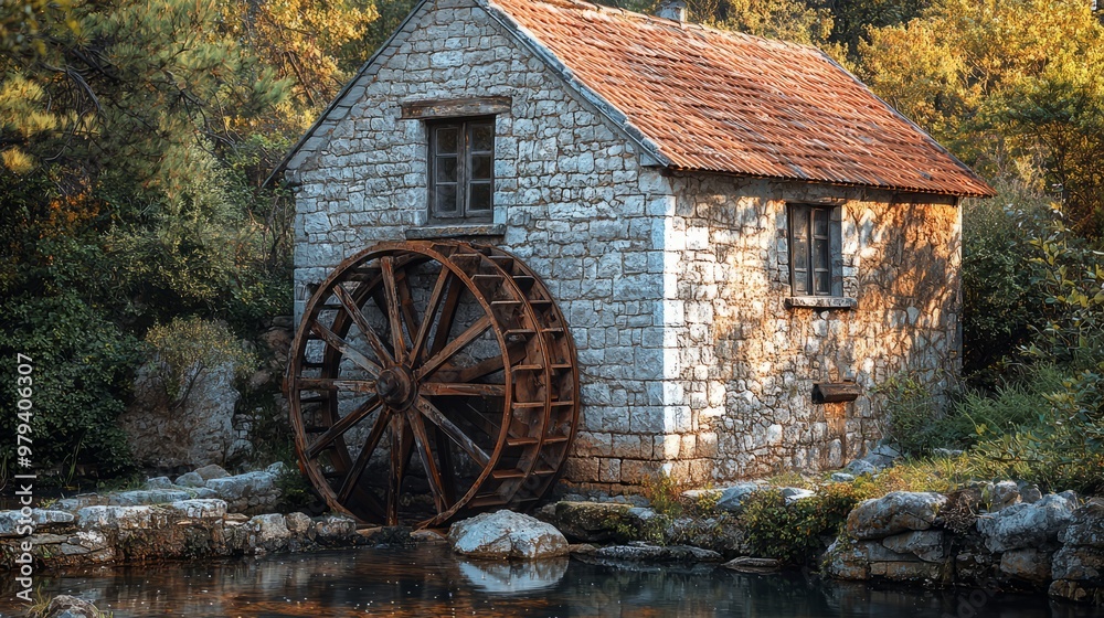 Obraz premium Old stone water mill with wooden waterwheel in peaceful forest setting