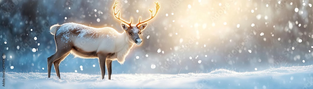 A majestic reindeer stands gracefully amidst a snowy landscape, illuminated by a soft, radiant light, evoking winter magic. A majestic reindeer stands gracefully amidst a snowy landscape, illuminated by a soft, radiant light, evoking winter magic.