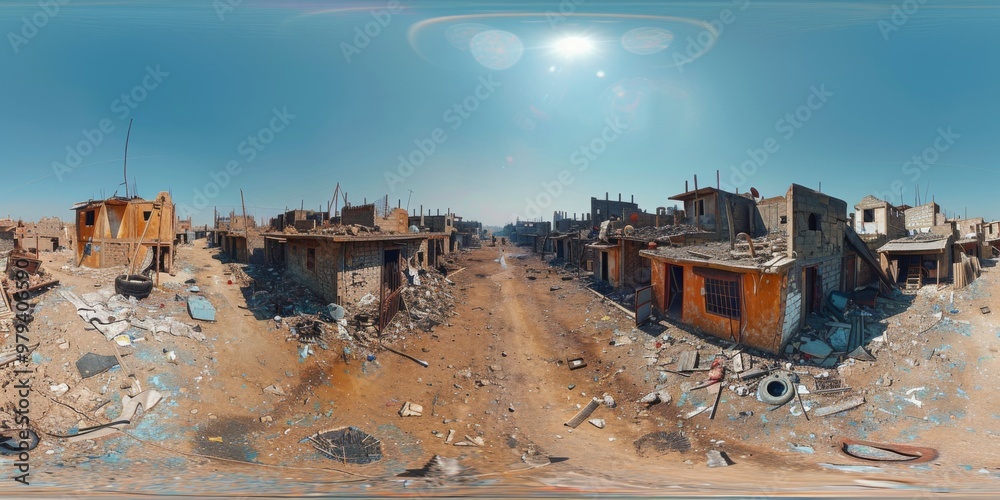 An immersive 360-degree panorama of a war-damaged village, with homes reduced to rubble and civilians rebuilding their lives An immersive 360-degree panorama of a war-damaged village, with homes reduced to rubble and civilians rebuilding their lives