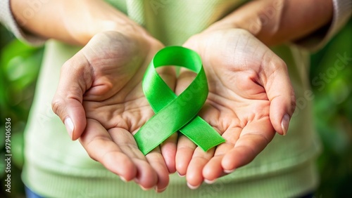 A delicate pair of hands cradle a vibrant green ribbon, symbolizing hope and support for kidney cancer awareness, mental health, and lymphoma advocacy during green April. photo