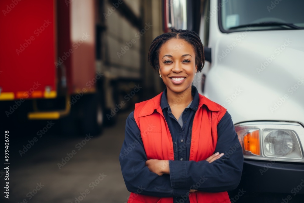 Smiling portrait of a middle aged African American female truck driver Smiling portrait of a middle aged African American female truck driver