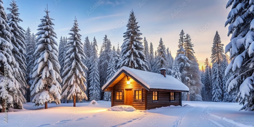 Serene wooden cabin nestled amidst snow-covered pine trees, surrounded by frosty forest landscape, exuding cozy Scandinavian minimalism with simplicity and natural elegance. Serene wooden cabin nestled amidst snow-covered pine trees, surrounded by frosty forest landscape, exuding cozy Scandinavian minimalism with simplicity and natural elegance.