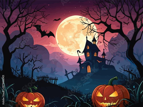 Halloween best hunted house graphic with  mid night forest horror illustration