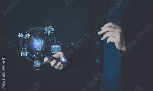 Ai, artificial intelligence technology, digital transormation. Businessman hold ai icon on hand. Concept of automation, machine learning, modern interface, network connection, cyberspace system.