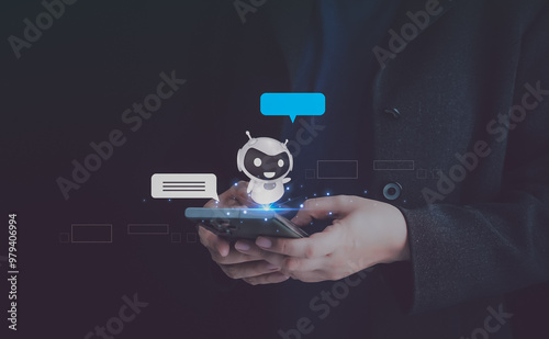 Chatbot,AI Artificial Intelligence. Man chatting with digital assistant bot on mobilephone,digital communication technology. Future of business smart app service, online messaging, innovation network.