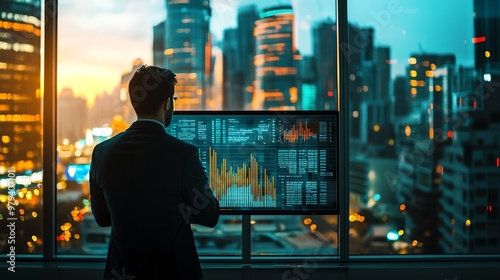 A professional analyzing financial data on a screen with city skyline in the background during sunset.