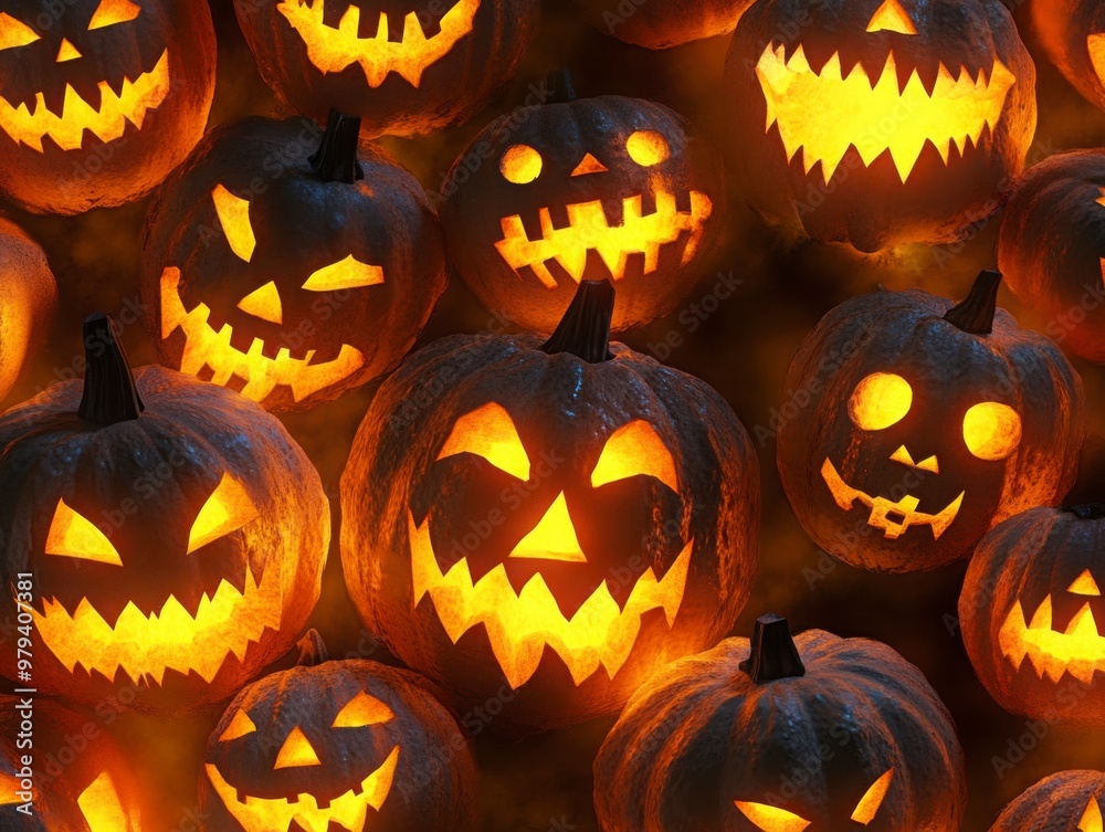 Glowing Halloween Jack-O'-Lantern Display at Night Glowing Halloween Jack-O'-Lantern Display at Night