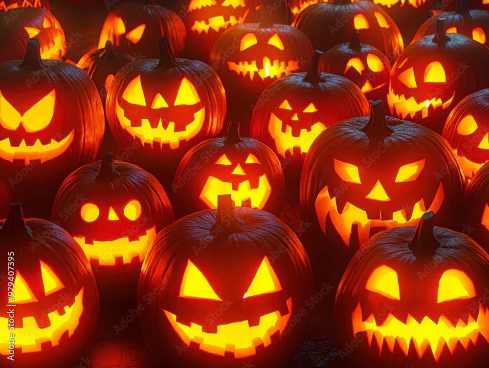 Glowing Halloween Jack-O'-Lantern Display at Night Glowing Halloween Jack-O'-Lantern Display at Night