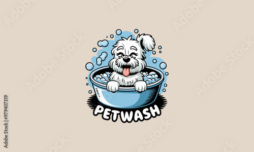 Happy dog enjoying a bath in pet wash tub cartoon logo