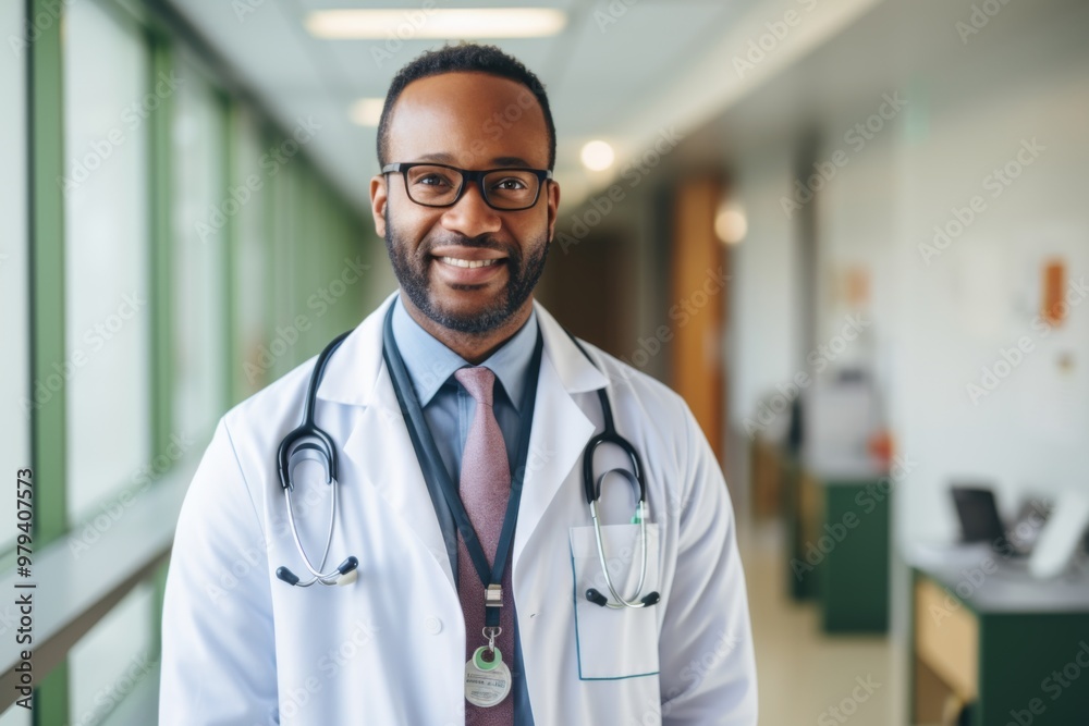 Smiling portrait of a middle aged African American male doctor in hospital Smiling portrait of a middle aged African American male doctor in hospital