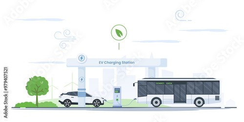 Minimalist vector illustration: EV charging station with electric car and bus simultaneously charging batteries. Urban eco-friendly transport scene. Clean energy concept for environmental campaigns  photo