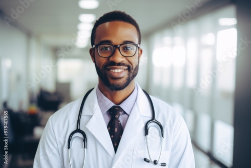 Smiling portrait of a middle aged African American male doctor in hospital