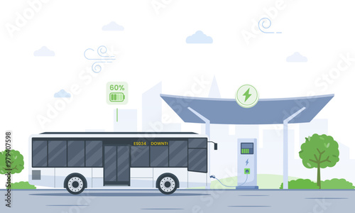 Minimalist vector illustration of electric bus charging at a futuristic station. Urban public transport scene with 60% charge indicator, city skyline, and green elements. Clean energy concept