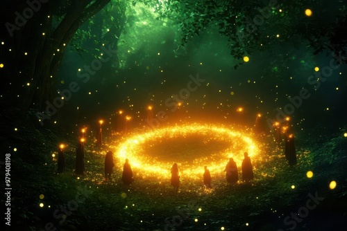 A group of colleagues in an enchanted forest where they summon creatures made of light to help them solve problems, each contributing a unique spell or ability in perfect harmony