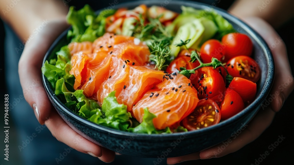 Healthy Young woman holding Salted salmon salad bowl with fresh green lettuce,smoked salmon,tomato,Ketogenic,diet lunch bowl,enjoy eat clean vegetables after exercise,Healthy food concept.