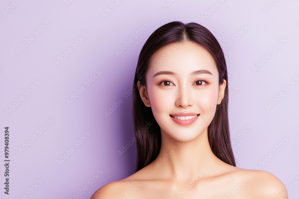 A smiling asian woman with long hair against a soft purple background, showcasing natural beauty and joy. A smiling asian woman with long hair against a soft purple background, showcasing natural beauty and joy.