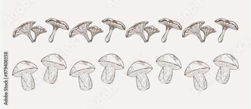 Autumn decorative borders with hand-drawn mushrooms. Vector dividers for decoration with botanical elements in sketch style 