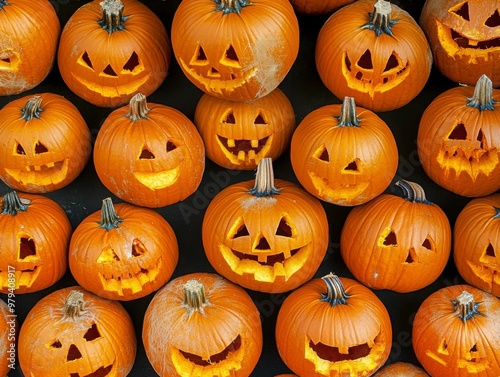 Array of Carved Halloween Pumpkins