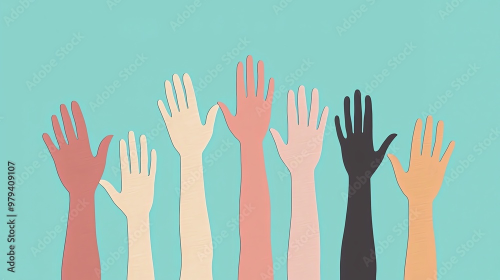 A vibrant illustration of diverse hands raised in unity, symbolizing support, togetherness, and inclusion. A vibrant illustration of diverse hands raised in unity, symbolizing support, togetherness, and inclusion.