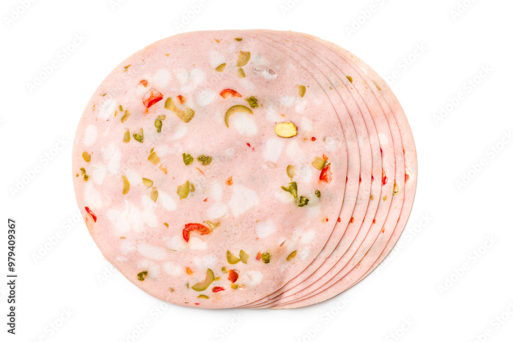 Slices of Sausage Mortadella isolated on white background. Slices of Sausage Mortadella isolated on white background.