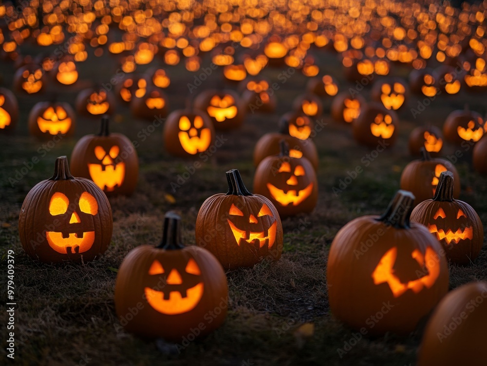 Obraz premium Glowing Halloween Jack-O'-Lantern Display at Night