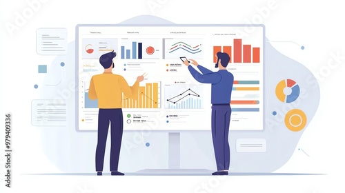 Businessmen analyzing data on a digital screen with graphs and charts, showcasing teamwork and data visualization.