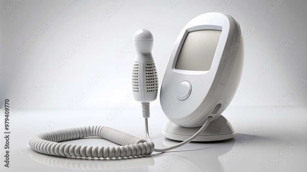 A 3D vector representation of a fetal doppler device set against a clean and minimalist white backdrop, highlighting its modern design and features A 3D vector representation of a fetal doppler device set against a clean and minimalist white backdrop, highlighting its modern design and features