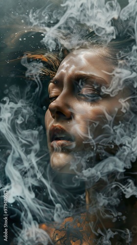 Woman's face obscured by smoke, underwater, with closed eyes, dark water.