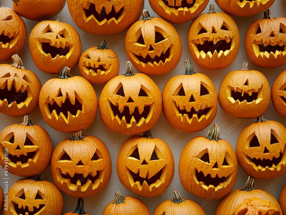 Array of Carved Halloween Pumpkins Array of Carved Halloween Pumpkins