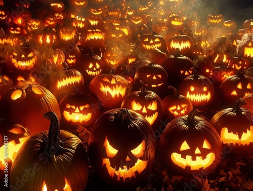 Glowing Halloween Jack-O'-Lantern Display at Night