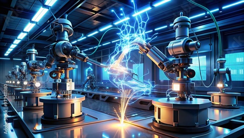 Microscopic robots in futuristic laboratory setting, surrounded by glowing wires and futuristic machinery, representing cutting-edge nanotechnology innovation and scientific discovery. photo