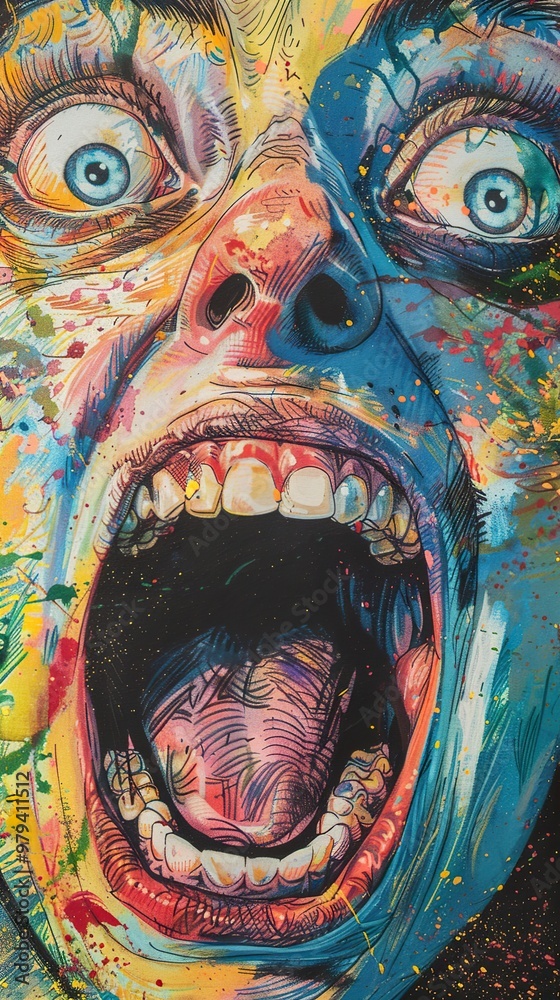 Fototapeta premium Close-up of a colorful, screaming face with wide open mouth, white teeth, and blue eyes.