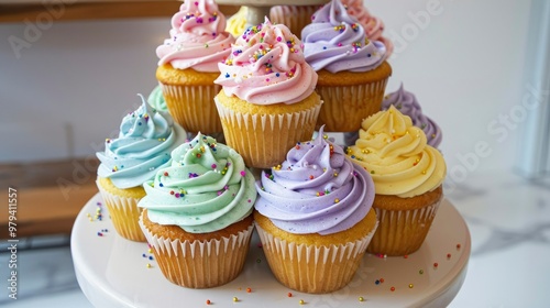 A cupcake tower decorated with colorful frosting and edible glitter