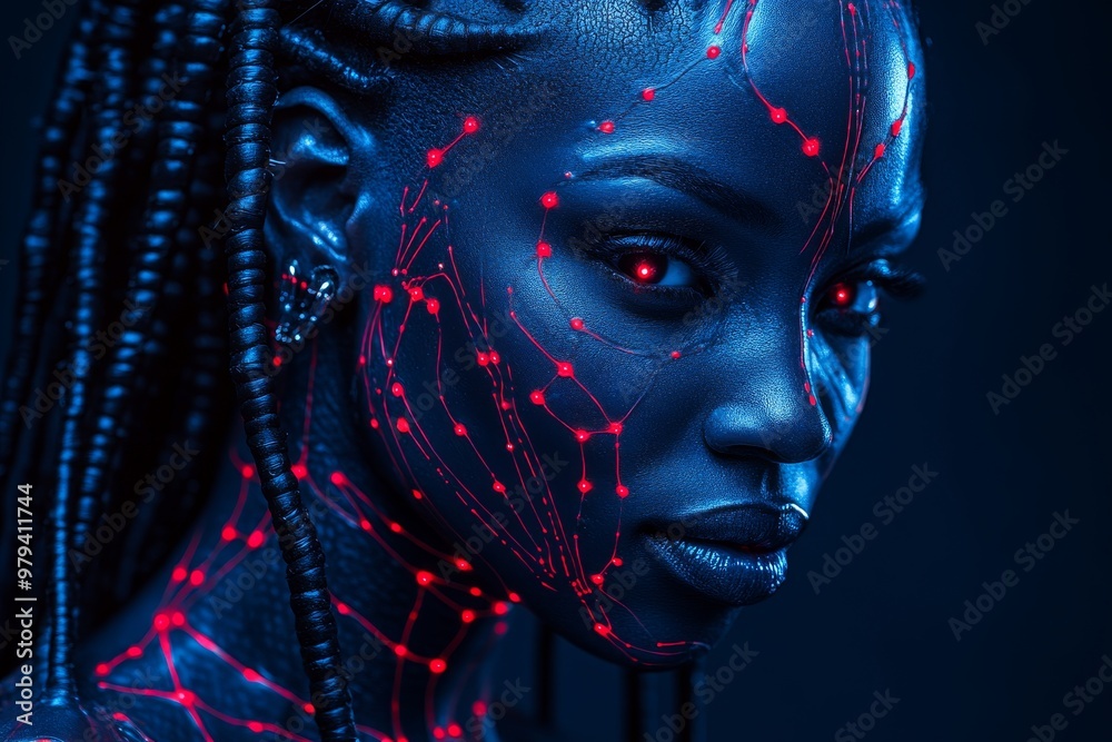 Woman with glowing red cybernetic lines on her face symbolizing futuristic technology augmented reality and the blending of human identity with digital interfaces Woman with glowing red cybernetic lines on her face symbolizing futuristic technology augmented reality and the blending of human identity with digital interfaces