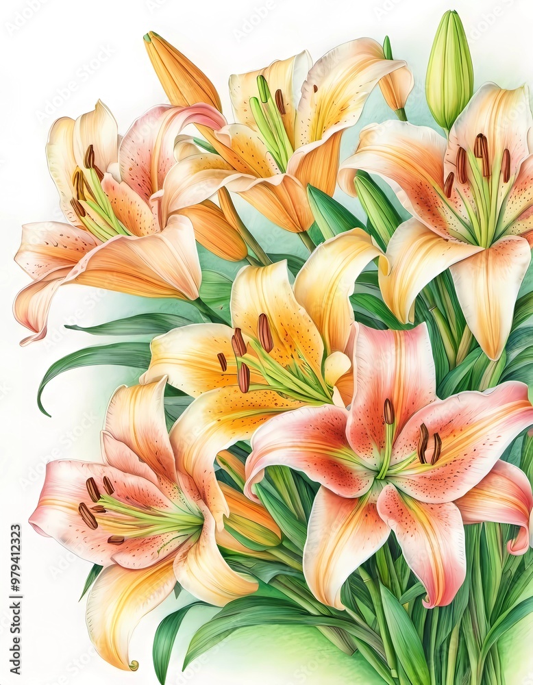 A lush arrangement of peach and cream lilies showcases delicate petals adorned with speckles, creating a stunning floral display. The background enhances their beauty with gentle pastel tones. AI A lush arrangement of peach and cream lilies showcases delicate petals adorned with speckles, creating a stunning floral display. The background enhances their beauty with gentle pastel tones. AI