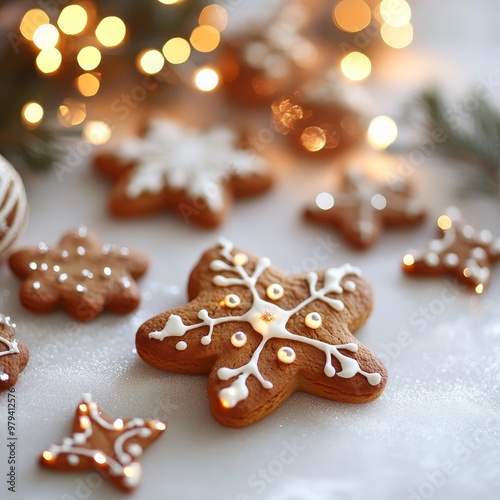 Christmas cards and gingerbread lights on a white background. The Christmas cards have beautiful designs and warm greetings. They create a cozy and inviting Christmas atmosphere. 