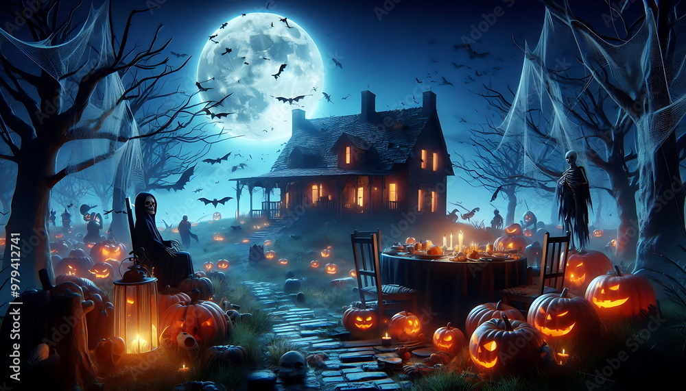Fototapeta premium Halloween Night with Haunted House, Bats, and Pumpkins