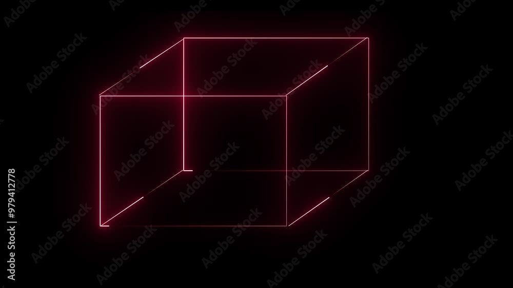 Abstract background, cube box with glowing neon lines on black background. Square box with bright neon lines.